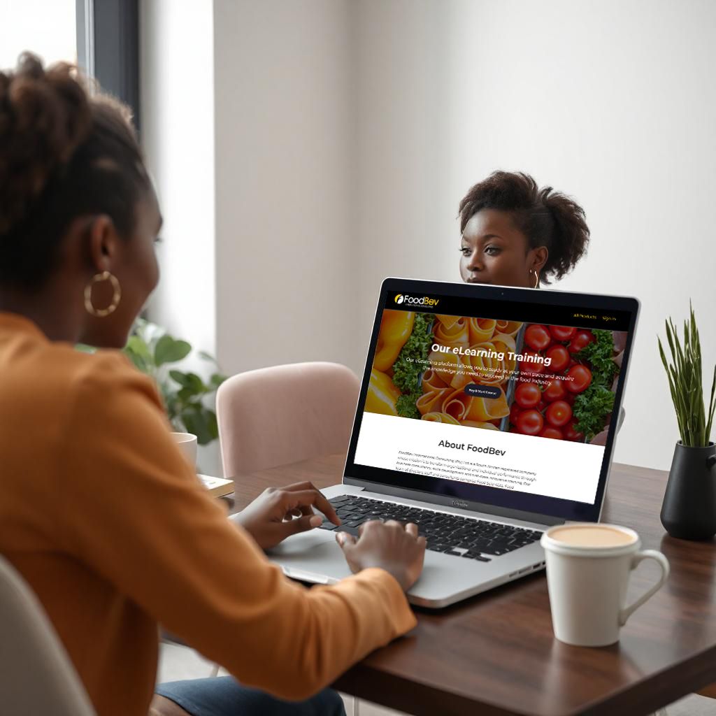 Learner studying a FoodBev eLearning course on a laptop